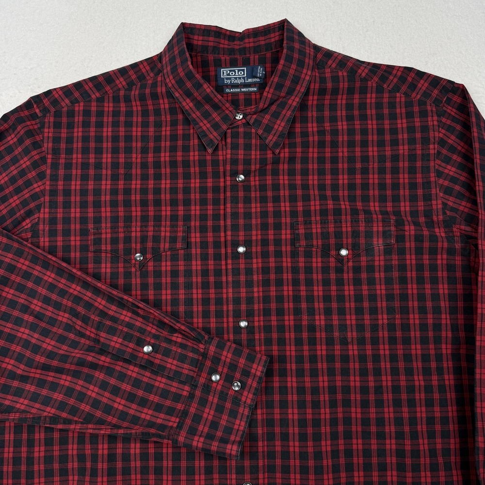 Polo Ralph Lauren Shirt Mens 2XL Red Plaid Western Long Sleeve Pearl Snap Button